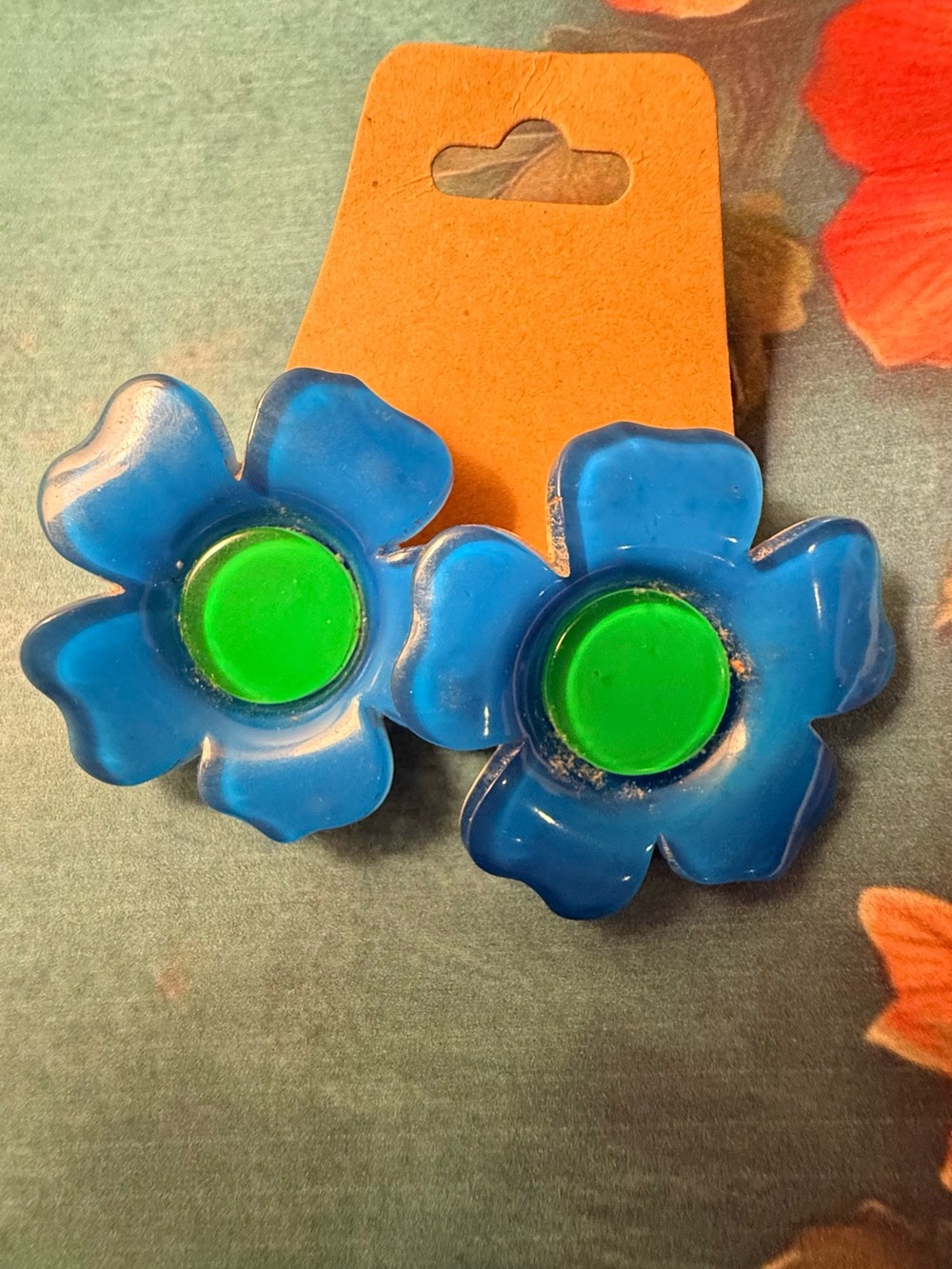Blue Flower Enamel Earrings with Green Center